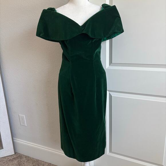 VTG House of Bianchi Off the Shoulder Green Velvet Wiggle Dress Elegant Sz 6 USA - Picture 1 of 12